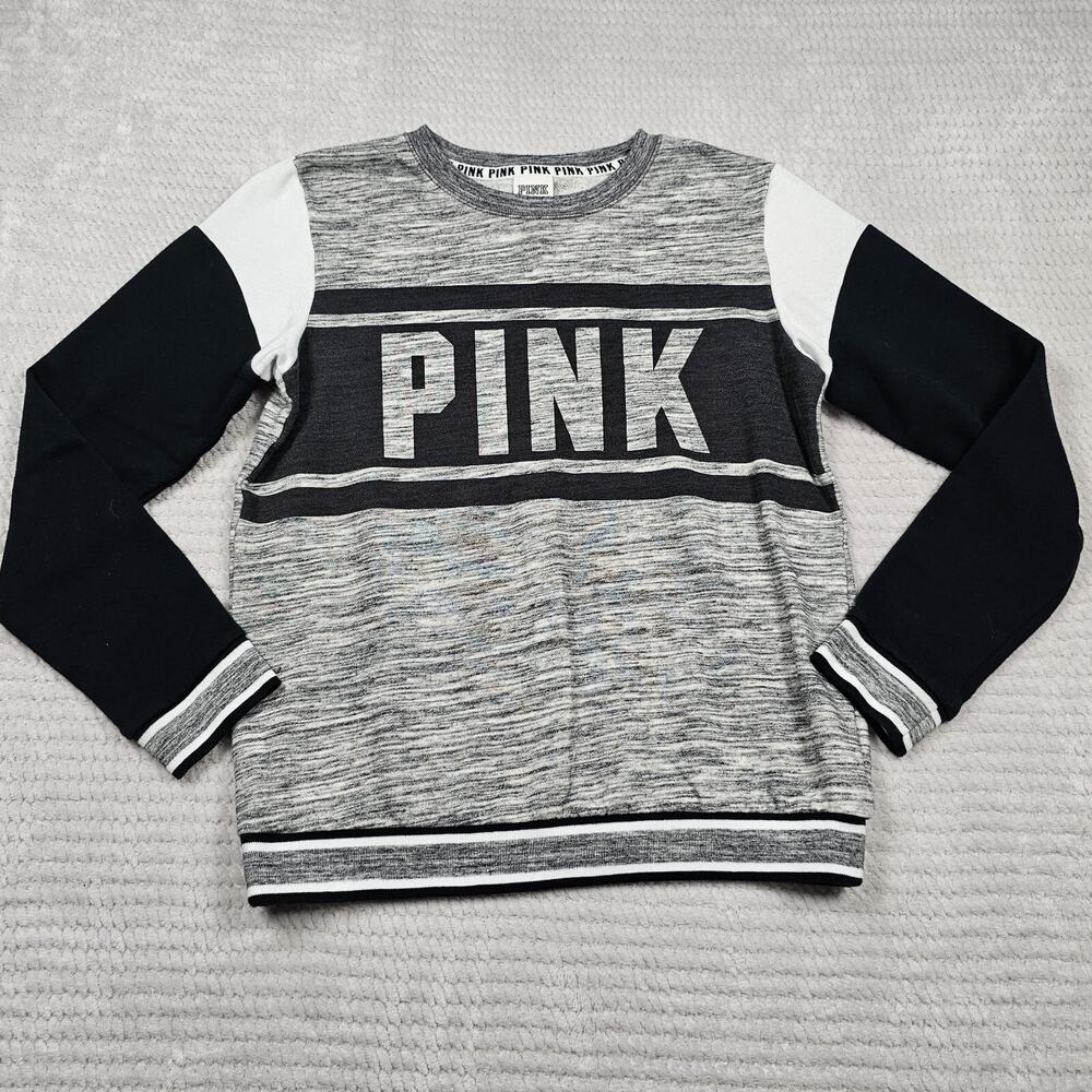 Victorias Secret Pink Sweatshirt Womens XS Pullover Marled Gray Spellout Print